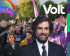 Sven Franck, candidato à Co-Presidência do Volt Europa, no jardim da parada rodeado de gente e símbolos do volt