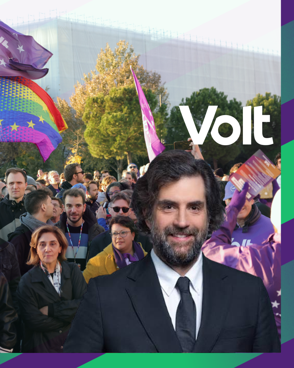 Sven Franck, candidato à Co-Presidência do Volt Europa, no jardim da parada rodeado de gente e símbolos do volt